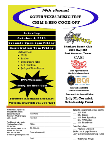 Chili & BBQ Cook off at Sharkeys in Port Aransas, Texas.  Support the Jody McCormick Scholarship fund.